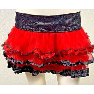 Saloon Girl Tutu Skirt Red Black Lace Western Burlesque Mini Costume NWT Medium
